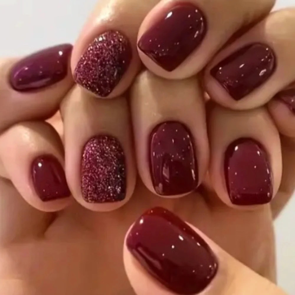 24 pcs Women's Girls Short Red Press On Nails with Glitter Square Shaped